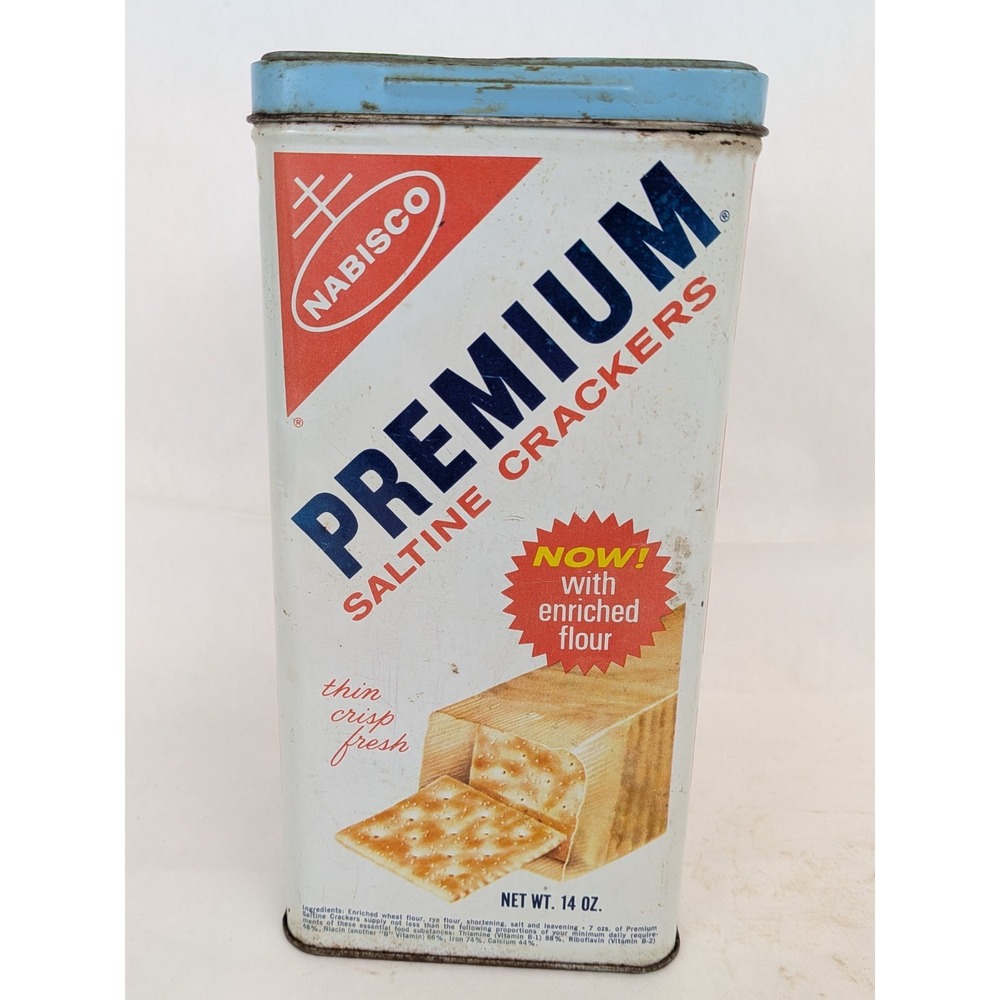 VTG 1969 Nabisco Premium Saltine Cracker Tin Kitchen Canister 14 Oz Blue Lid